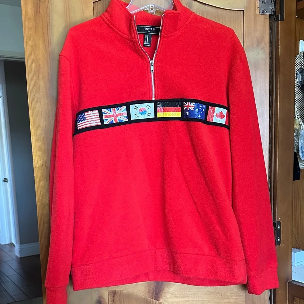 Forever 21 Red Zip-Up Sweater with Flag Design - Picture 1 of 4